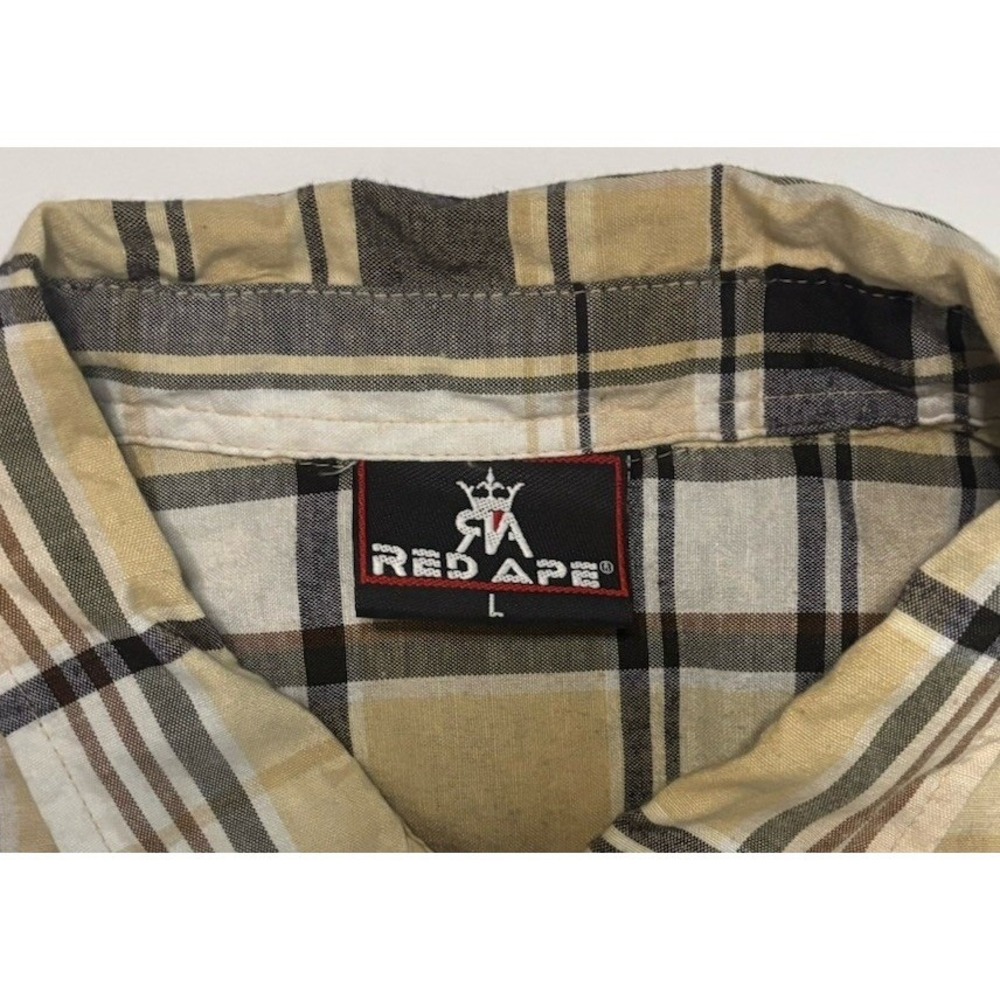 Red Ape Mens Tan Black Plaid Button Down Shirt Lion Crest Patch Size Large - Picture 4 of 16